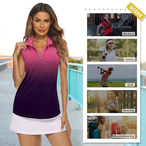 Koscacy Women's Sleeveless Golf Tennis Polo Shirts Zip Up Dry Fit Workout Tank Tops Athletic Shirt