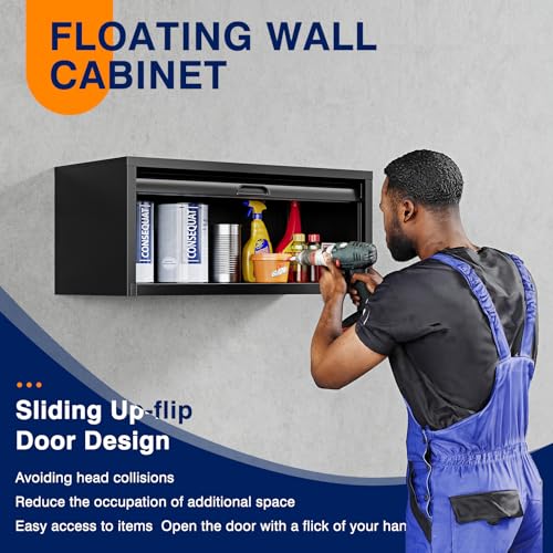 Image of Yizosh Metal Garage Wall Cabinet with Recessed Handle,Wall Mounted Metal Garage Storage Cabinet,Floating Garage Tool Cabinet for Kitchen,Basement,Garage,Warehouse