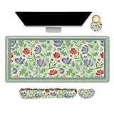 AIMSA ゲーミングマウスパッド 手首サポートセット、デスクパッド +マウスリストレスト +キーボードリストレスト +コースター、4in1 人間工学に基づいたマウスパッドコンボ ホームオフィス用 - レッド パープル フラワー