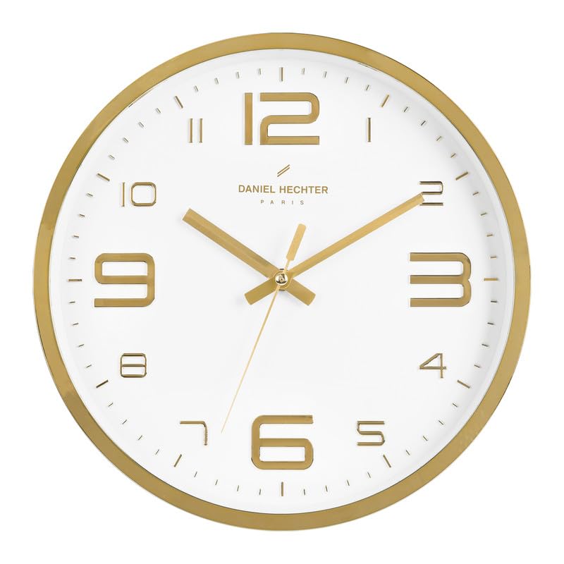 Daniel Hechter Paris Charente Collection Wall Clock, Silent Sweep Non-Ticking, 12 inch(30cm) HD Glass White Dial, Gold Plastic Frame, 3D Numerals, Modern Decorative Clock for Home & Office - DHCL1002-image-25