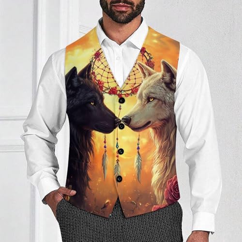 Black And White Wolf Dream Catcher Men's Suit Vests Dress Vest V-Neck Waistcoat Slim Business Formal with Pocket2