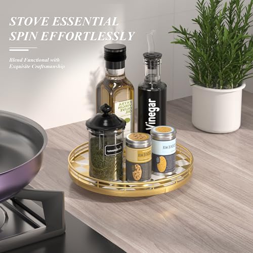 Image of Gold Decorative Vanity Tray, 10 Inch Rotating Lazy Susan Perfume Tray with Metal Rail, Checkerboard Wood Organizer for Bathroom Counter, Dresser, Skincare, Jewelry and Makeup Display