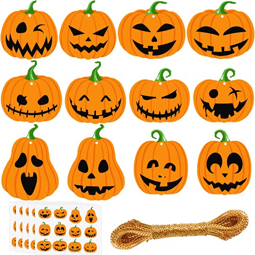 JULBEAR 60Pcs 12 Styles Halloween Pumpkin Cutouts Gift Tags Paper Wrapping Hanging Treat Ornaments Labels with String for Halloween Candy Bags Classroom Bulletin Board Decorations (Style A)