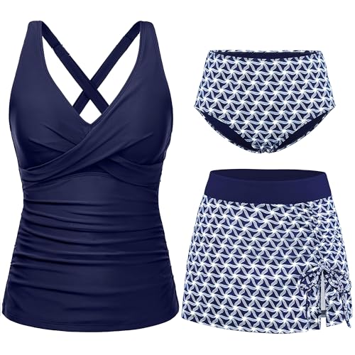 Image of Yonique Plus Size Tankini Swimsuits for Women Blouson Tankini Tops with Swim Shorts Two Piece Bathing Suits