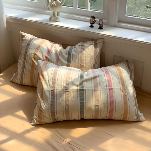 Image of mixinni Vintage Striped Duvet Cover Set Full, 3-Piece 100% Washed Cotton Bedding Set - Soft & Breathable Colorful Comforter Cover with Zipper, All-Season Lightweight Bed Set for Cozy Home