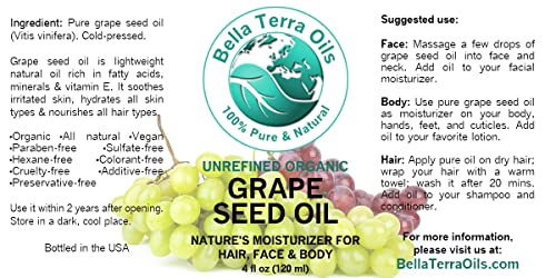 Bella Terra Oils Grape Seed Oil 4 Oz. 100% Pure Cold-Pressed Unrefined Hexane-Free Natural Moisturizer For Skin Hair. Non-Comedogenic. Fast-Absorbing. Great For Sensitive, Acne-Prone Skin #TOP2