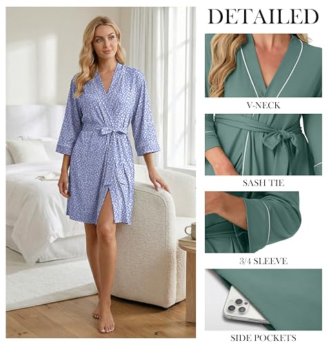 Image of PrinStory Womens Robe Knee Length Soft Knit Bathrobe S-2XL | V-Neck 3 /4 Sleeve Robes with Pockets, Lightweight, Breathable Bath Robe for Shower, Spa, Travel, Home, Party, Nursing