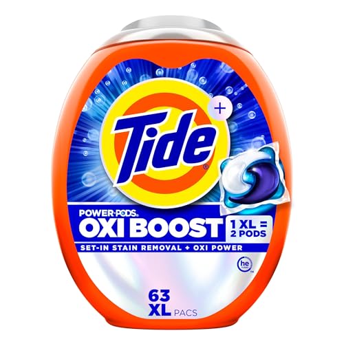 Image of Tide Oxi Boost Power PODS Laundry Detergent Pacs, 63 Count, Set-In Stain Removal + Oxi Power, laundry soap detergent pacs