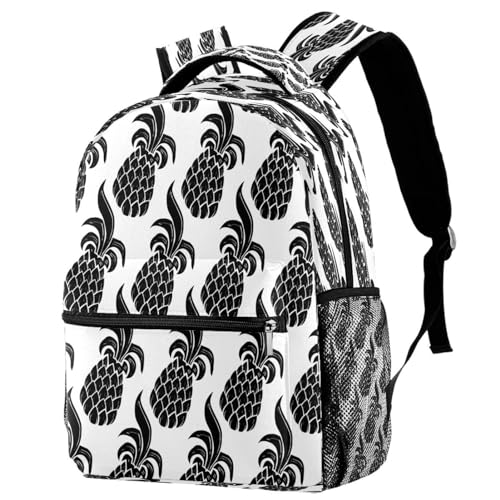 Sac à dos d'école motif ananas noir et blanc pour ados 40cm