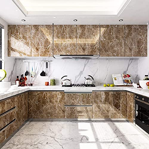 Image of HOME13 Vinyl Kitchen Self Adhesive Vinyl Decorative Brown Marble Wallpaper for Kitchen Countertop Home /Office 2 Ft x 20 Ft with 2pcs