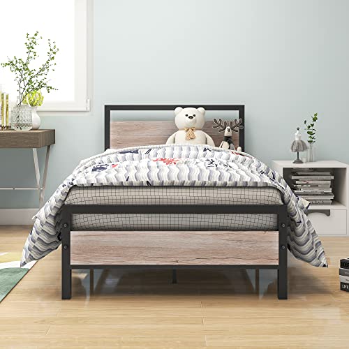 Image of HOJINLINERO Twin Bed Frames with Wood Headboard,Metal Twin Platform Bed Frame No Box Spring Needed,Heavy Duty Steel Slats,No Noise,Black and Teak Oak
