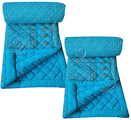 Image of Jaipuri Razai Single Bed Gold Print with Computerized Quilting Use as Soft and Breathable Cotton Comforter Quilt Rajai Blanket Dohar Size 55X85 inch Sky Blue Pack of 2