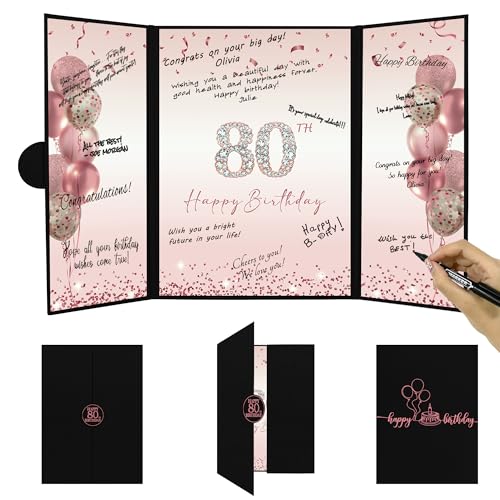 Image of DARUNAXY Black & Rose Gold 80th Birthday Alternative Signature Guest Book