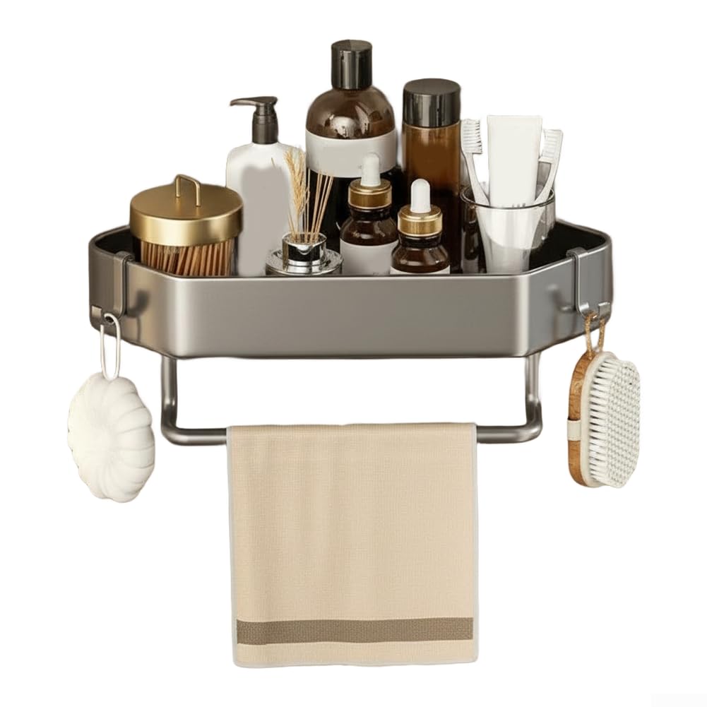 Corner Shower Caddy-Suction Cup Corner Shower Shelves Aluminum Organizer With Towel Bar And Hooks Rustproof Single layer