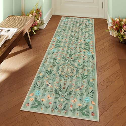Lahome Washable Insect Botanical 2x6 Runner Rug for Entryway - Machine Washable Non-Slip Hallway Runner Rug, Green Boho Low Profile Soft Faux Wool Carpets for Bedroom, Hallway, Laundry, Kitchen