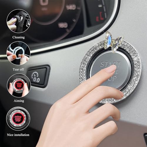 Image of DXNQ 2PCS Bling Ring Emblem, Sparkling Butterfly Car Buttons and Knobs Ring, Girly Butterfly Diamond Car Engine Start Button Cover, Key Ignition Knob Rings Decoration for Women (White, Double Row)