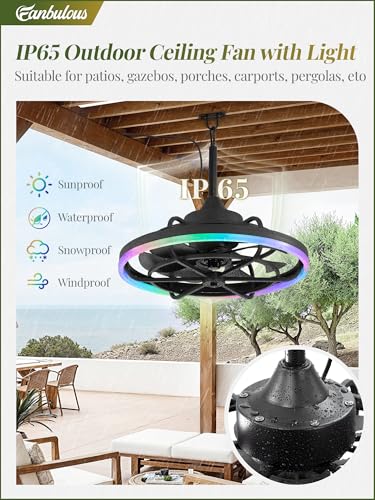 Image of Fanbulous Outdoor RGB Ceiling Fans with Light, 20 inch Waterproof Gazebo Fan | IP65, Weatherproof, Plug in, Remote&APP Control, 3CCT Dimmable,2H Timer, Caged, with Hanging Hook for Patio, Porch, Pergola