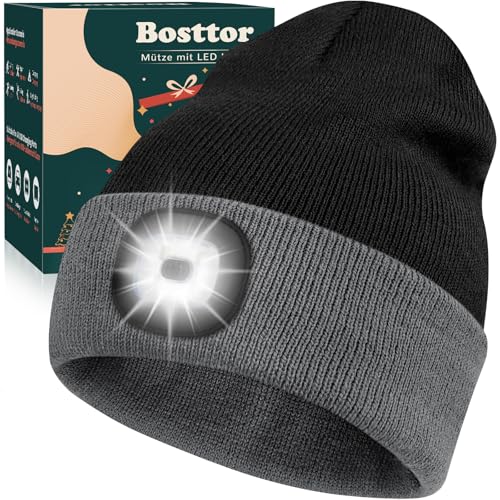 Bosttor LED Beanie Hat with Light, Rechargeable Headlamp Cap, Unisex Winter Warm Knitted Hats, Headlight Flashlight for Running Hiking Camping,Tech Gifts for Men Women Handyman Teens Black Grey