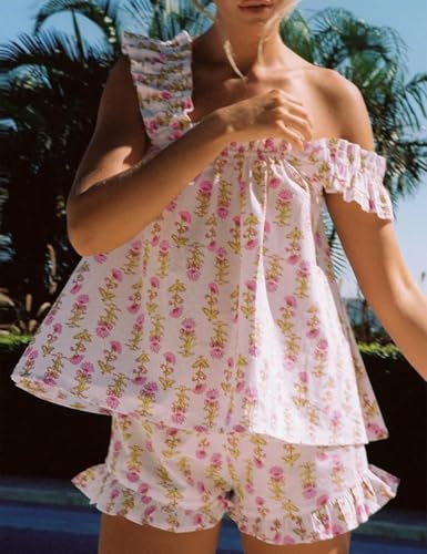 Image of ROAONOCOMO Women Floral Pajama Set Ruffle Babydoll Cami Top Coquette Pj Set Gingham 2 Piece Shorts Outfit Bridal Loungewear