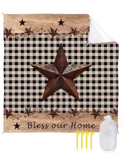 Beach Blanket Sandproof Waterproof Picnic Blankets Rustic Western Star Black Plaid Extra Large Lightweight Outdoor Beach Mat with Corner Pockets for Travel/Camping/Hiking Bless Our Home Quote