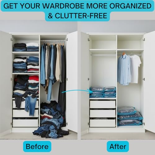 Image of Vacuum Storage Space Saver Compression Bags For Clothes and Blankets with Travel Hand Pump, Pack of 5 Polypropylene Reusuable Ziplock Bags, 2 Medium 2 Large and 1 Jumbo
