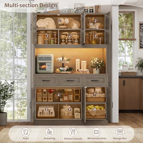 Image of HOSTACK Kitchen Pantry Storage Cabinet, Kitchen Hutch Cabinet, Ash Gray | 47 inchW Food Pantry Cabinet with Smart LED / Charging Station / Countertop / 3 Large Drawers, 72 inchH Storage Hutch for Dining Room