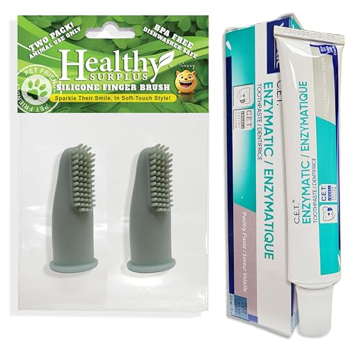 Healthy Surplus Silicone Finger Brush Twin Pack | 1 Virbac CET Enzymatic Poultry Toothpaste 2.5 oz/70 g | Fresh Breath, Plaque & Tartar Control | Dog Tooth Brushing Kit Oral Care for Pets