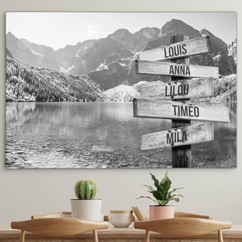 Tableau noir et blanc de 75 x 50 cm avec paysage de lac et prénoms personnalisables