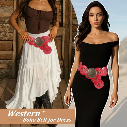 Image of WERFORU Women Wide Western Disc Belt Cowgirl Boho Leather Belt for Jeans Dress