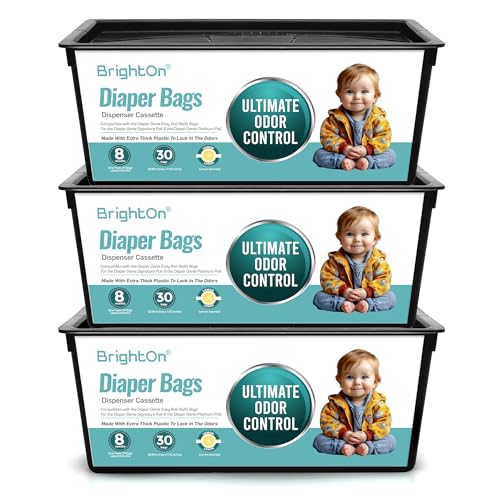 BrightOn Diaper Pail Refill Bags Compatible with Genie Easy Roll Signature Diaper Pails, 3-Pack (90 Bags) (Lemon Scented Made from Extra Thick Plastic)