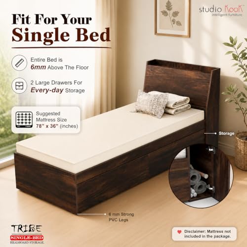 Image of Studio Kook Tribe Right Single Bed with Headboard Storage & 2 Drawers | Engineered Wood Bed | Fits 78 x 36 inch Mattress | Junglewood | Mattress Not Included