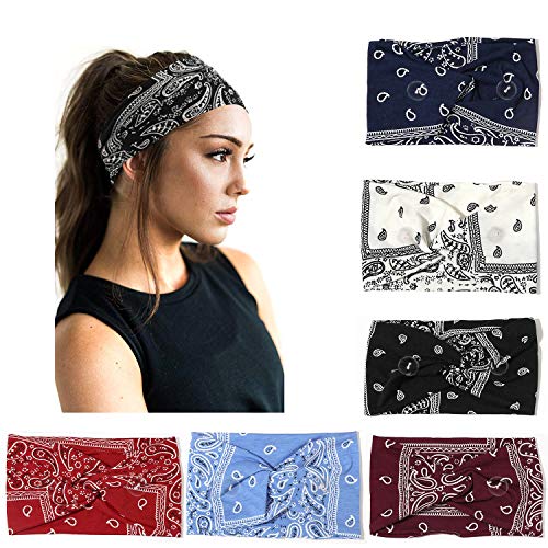 ZYNERY 6 Pack Boho Headbands with Button Wide Flower Knotted for Women and Girls - Elastic Non-Slip Running Sports Yoga Sports Hair Accessories, Cotton Printing Workout Fashion Hair Wrap (A)