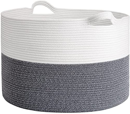 Image of INDRESSME XXXLarge Cotton Rope Basket 21.7" x 21.7" x 13.8" Woven Baby Laundry Basket Blanket Basket Toy Basket with Handle Storage Comforter Cushions Gray Laundry Hamper