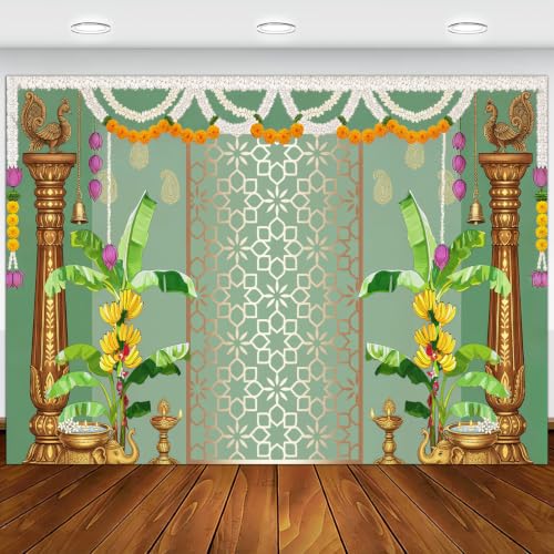 Image of India Pooja Backdrop Decorations, Traditional Banana Leaf Marigold Garland Photography Background for India Wedding, Haldi, Mehendi, Diwali, Housewarming, Festival Decoration Wall Decor Props 5X3FT