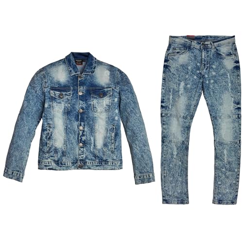Men 2-Piece Classic Denim Standard Fitted Jean Suit Jacket & Pants (US, Numeric, 40, Regular, Regular, Washed Distressed Ice Blue)