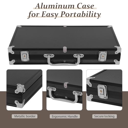 HOMASIS Pokerset mit 300 Chips, Alu Pokerkoffer mit 2 Kartendecks, 5 Würfeln, 1 Dealer Button, Poker Koffer abschließbar, Poker Set Pokerkarten für Texas Hold'em (300 Chips, Schwarz) – Bild 7