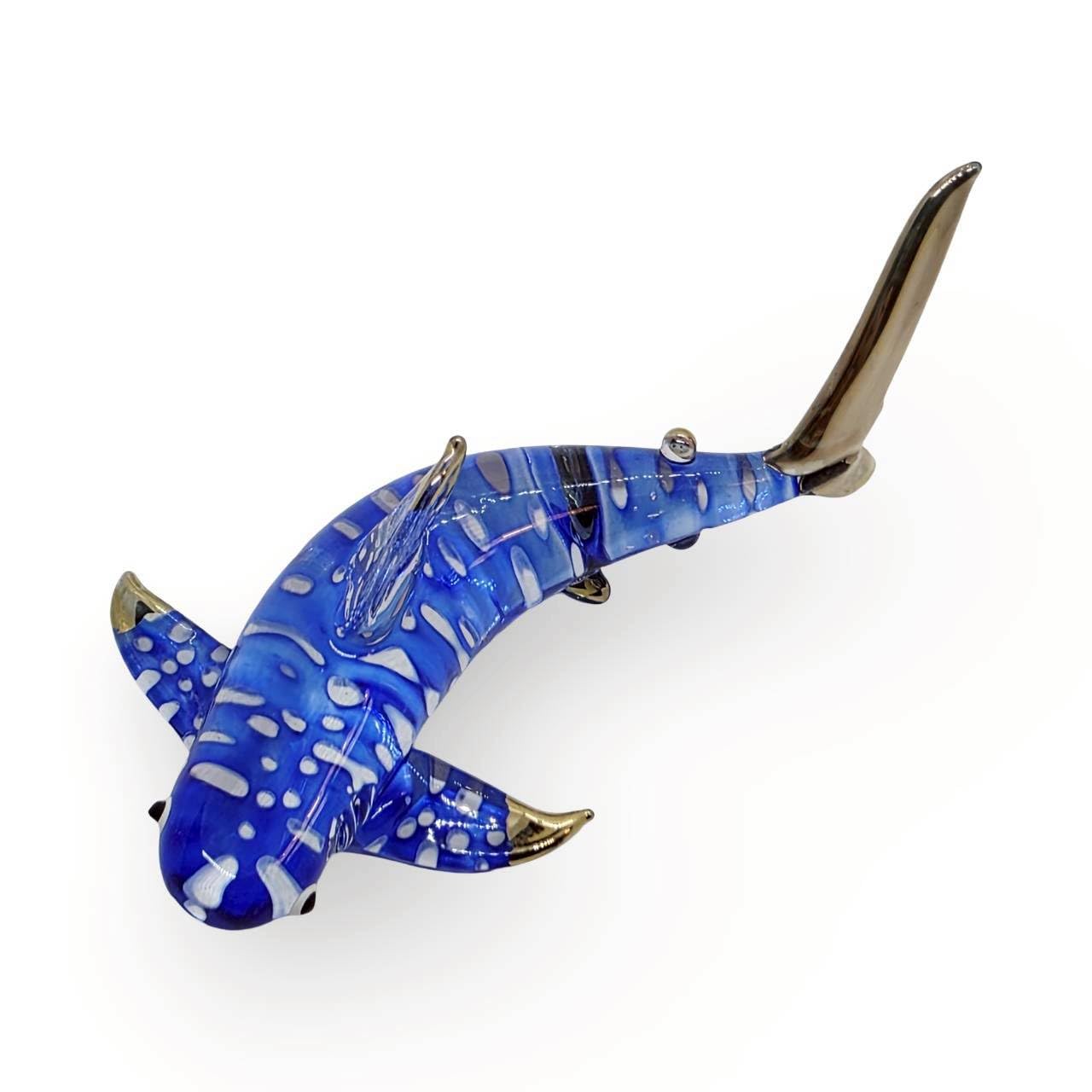 Mr_air_thai_Glass_Blown 3" Blue Gold Shark Fish Blown Glass Figurine Hand-Blown Statue Tabletop Decoration Unique Collectible for Adult Collectors Handcrafted Elegant Home Room Decor