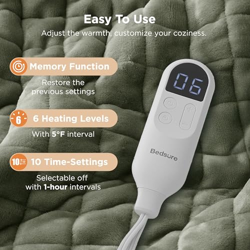 Image of Bedsure Electric Blanket Full Size - Quilted Heated Blanket Full, Soft Flannel Thick Heating Blanket with 10 Time Settings & 6 Heat Settings, Warm Gifts for Women Men (72x84 inches, Olive Green)