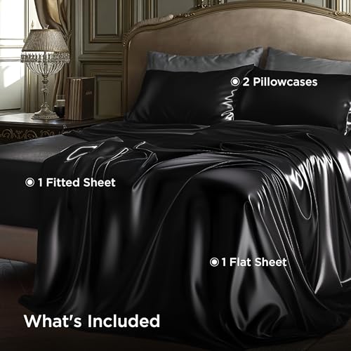 Image of Bedsure Black Satin Sheets King Size, Soft Silky Bedsheets for Hair & Skin | Similar to Silk Bed Sheets Set 4 Piece with 15 Inches Deep Pocket Fitted Sheet,1 Flat Sheet, 2 Satin Pillowcases