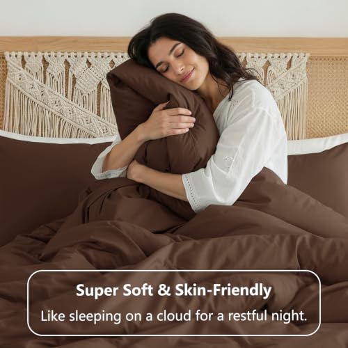 Image of HIMEET King Size Comforter Set, 3 Piece 104 inchx90 inch with 2 Pillowcases, Brown | 270GSM Down Alternative Fill, Oeko-TEX Certified, 8 Corner Ties Quilted, All Season, Fluffy Bed Set, Bedroom Decor Bedding