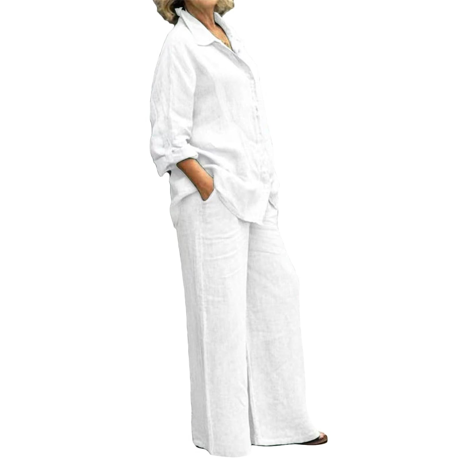 Linen Suits for Women Summer Two Piece Outfits Trouser Long Sleeve V Neck Top 2 Piece Suit Set