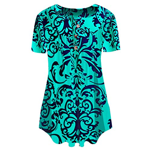 Goddessvan Women's Printed Long Sleeve Henley Pleated Tops Casual Flare Tunic Blouse Shirt (XL, Sky Blue)
