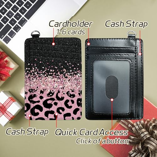 Image of Small Travel Wallets, Pink Glitter Leopard Slim Minimalist Front Pocket Wallet with Wristlet, RFID Blocking PU Leather Credit Card Holder with ID Window Change Purse for Men Women