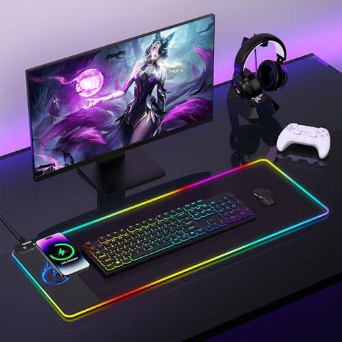 TopMade Mouse Pad with Wireless Charging, 31.5' x 11.81' Large Desk Mat RGB Gaming Mousepad, LED...