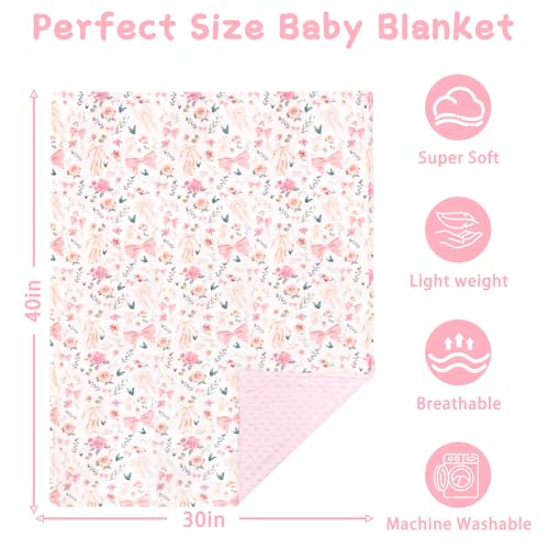 Image of GFU Baby Blanket for Boys and Girls, Soft Minky Infant Receiving Blanket with Dotted Backing Double Layer, Newborn Toddler Bed Blanket with Pink Flowers, 30 x 40 Inch