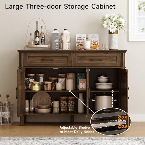 Image of ONBRILL 48 Inch Buffet Cabinet with Storage, Farmhouse Sideboard Buffet w /2 Drawers and 3 Doors, Wood Coffee Bar Cabinet with Adjustable Shelves, Sideboard Storage for Kitchen, Living Room, Walnut