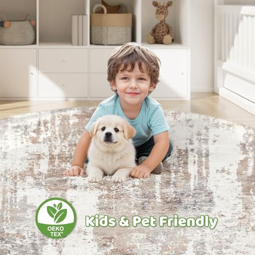 Round Rug Living Room Rugs: 6Ft Washable Circle Large Abstract Modern Soft Stain Resistant Non Slip Indoor Floor Carpet for Bedroom Nursery Office Dining Room Dorm Home House Decor- Brown