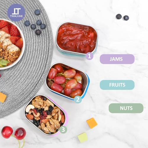 Image of Tanjiae Stainless Steel Lunch Snack Containers Set | Leak Proof 304 Stainless Steel Food Containers with Silicone Lids - Perfect Metal Lunch Box for School and Daycare (Blue Lunch, Small)