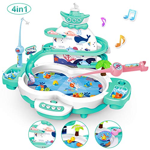 LBLA 4 en 1 Juego de Pescar para Niños, Juegos Educativos & Interactivo, Juguetes de Pesca con Música, Piscina y Cañas de Pescar para Niños Pequeños (Verde)