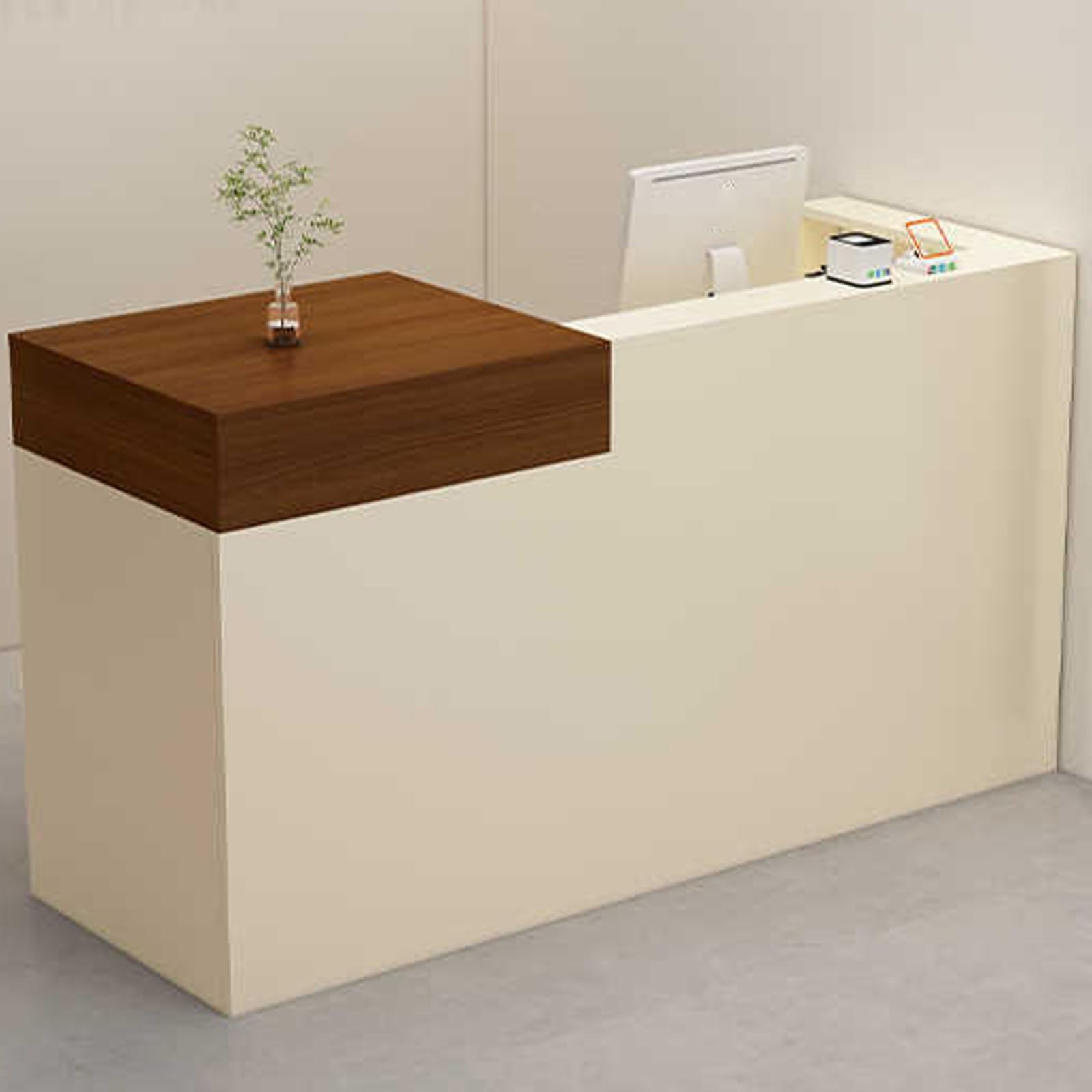 Generico Bancone Reception Moderno con cassetto e mobiletto Contenitore, Elegante bancone Frontale Marrone e Bianco Sporco con Pannello Laterale Avvolgente (120 cm) per